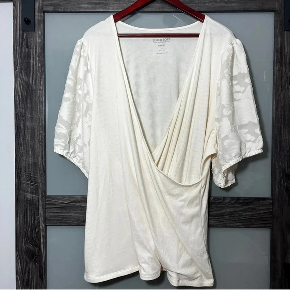torrid Tops - Super Soft by Torrid Rib Knit Faux Wrap Top Lace Sleeves Cream Women's 5X NWOT